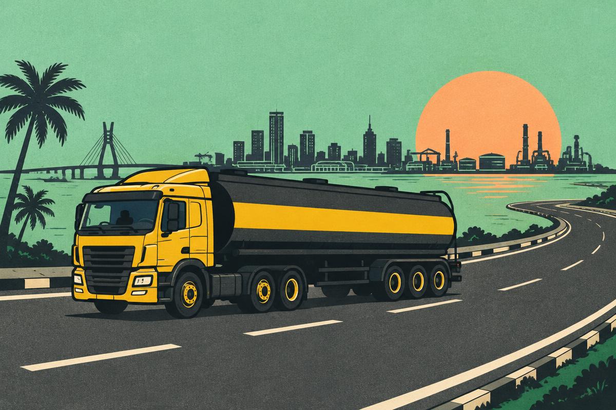 Illustrated yellow tanker on a winding Lagos road